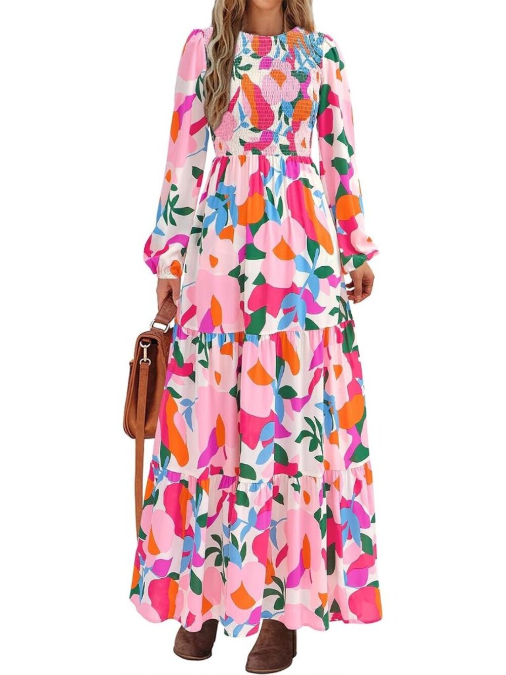 Women's Apricot Rose Trendy Outfits Long Sleeve Floral Boho Maxi Fall Dresses